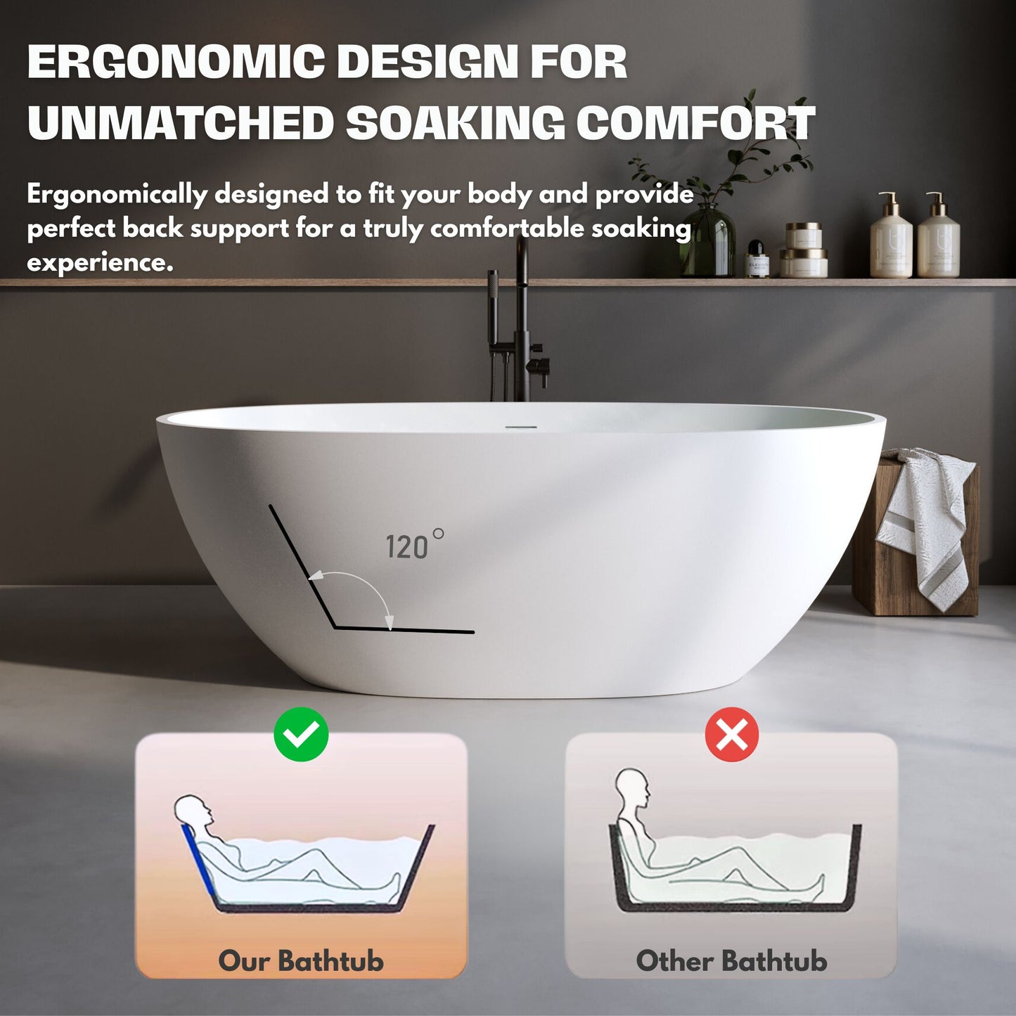 H2O Oval 59 in. x 30.7 in. Solid Surface Freestanding Soaking Bathtub with Center Drain in Matte White