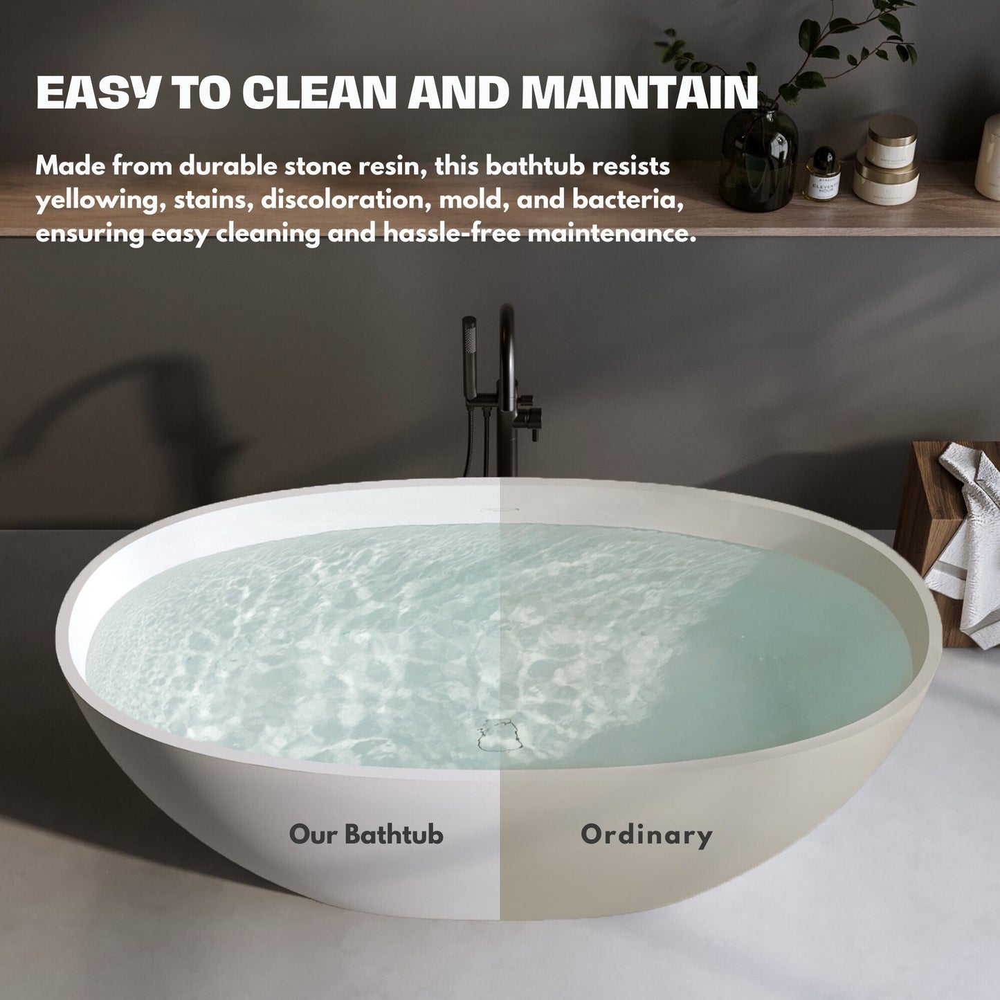 H2O Oval 59 in. x 30.7 in. Solid Surface Freestanding Soaking Bathtub with Center Drain in Matte White