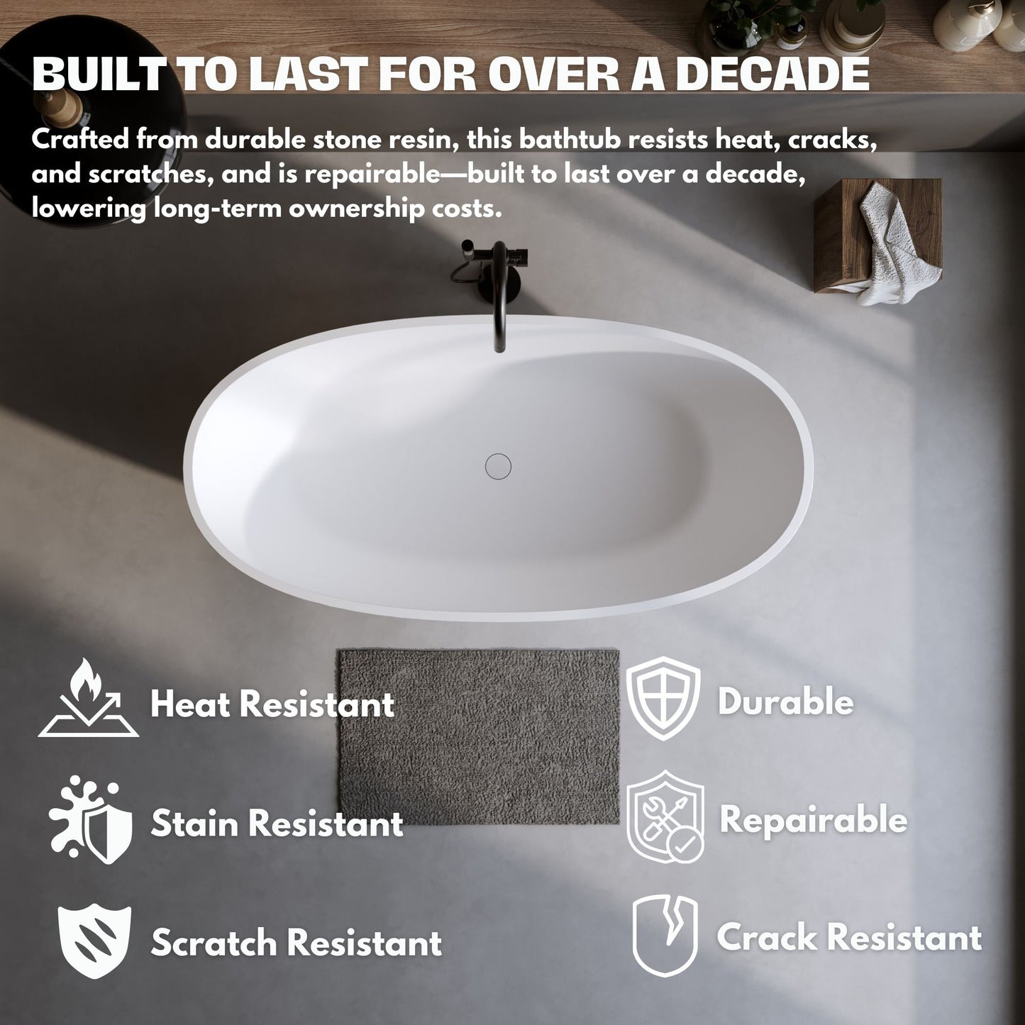 H2O Oval 59 in. x 30.7 in. Solid Surface Freestanding Soaking Bathtub with Center Drain in Matte White