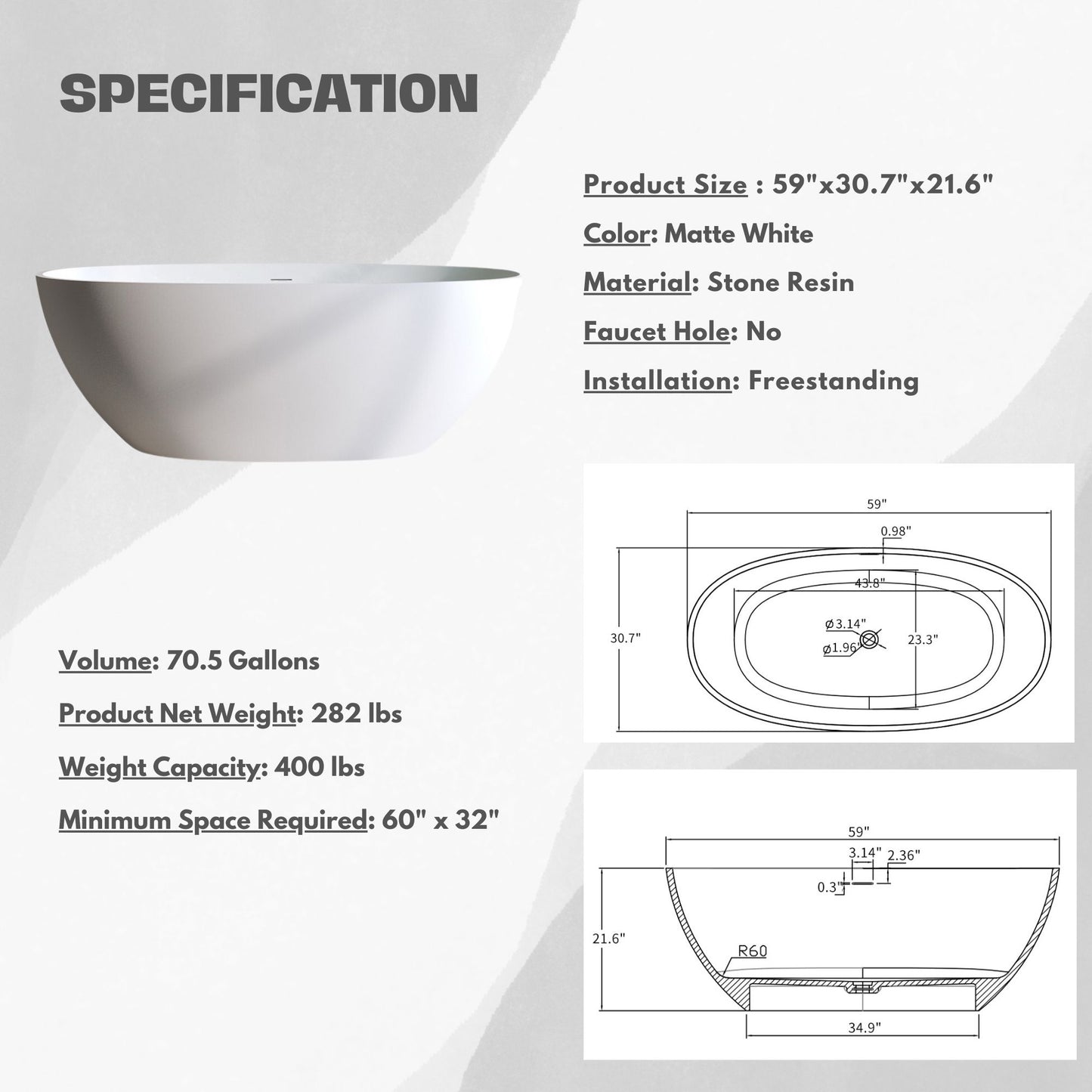 H2O Oval 59 in. x 30.7 in. Solid Surface Freestanding Soaking Bathtub with Center Drain in Matte White