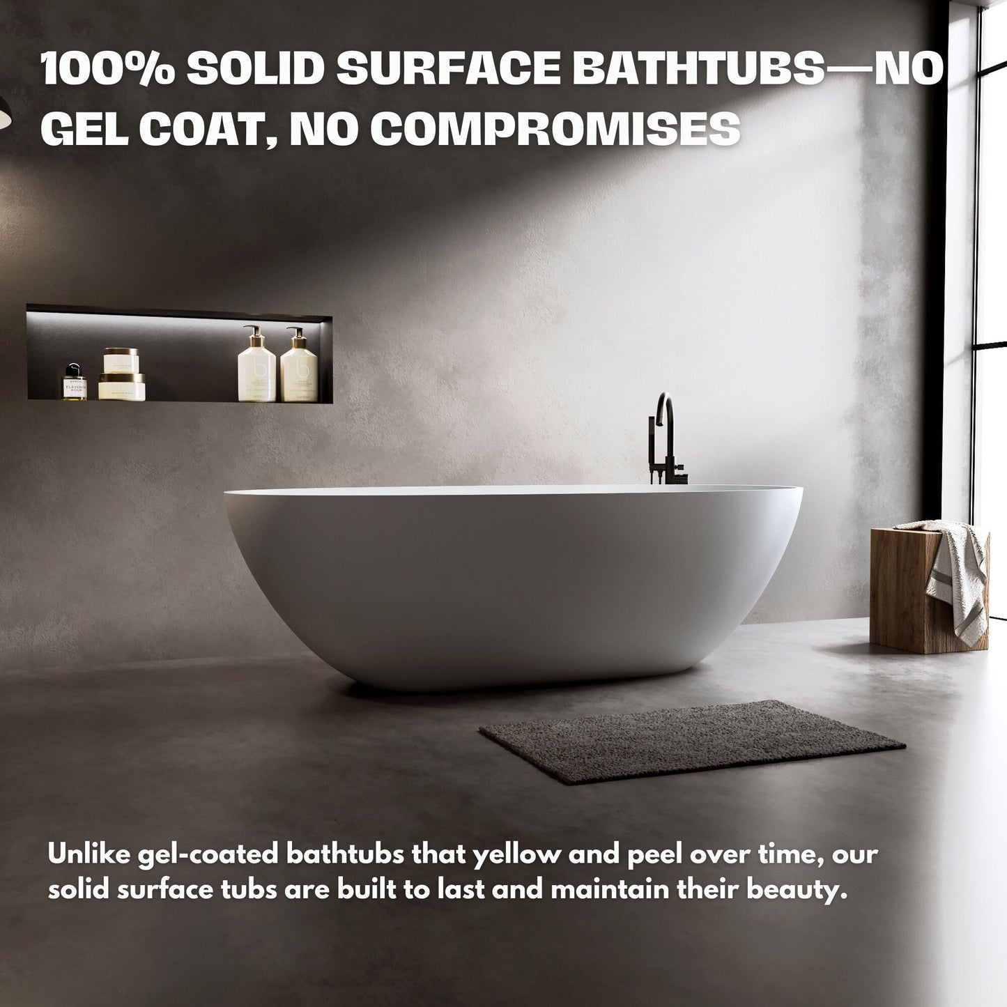 H2O Oval 59 in. x 30.7 in. Solid Surface Freestanding Soaking Bathtub with Center Drain in Matte White