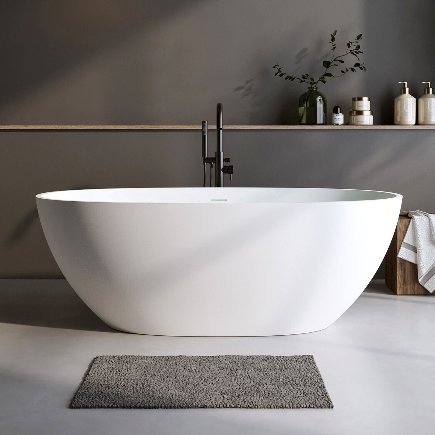 H2O Oval 59 in. x 30.7 in. Solid Surface Freestanding Soaking Bathtub with Center Drain in Matte White