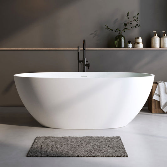 H2O Oval 59 in. x 30.7 in. Solid Surface Freestanding Soaking Bathtub with Center Drain in Matte White