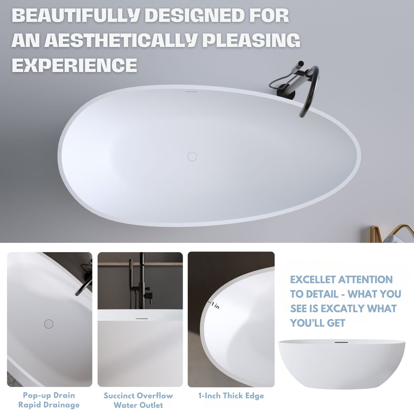 H2O Oval 59 in. x 30.7 in. Solid Surface Freestanding Soaking Bathtub with Center Drain in Matte White