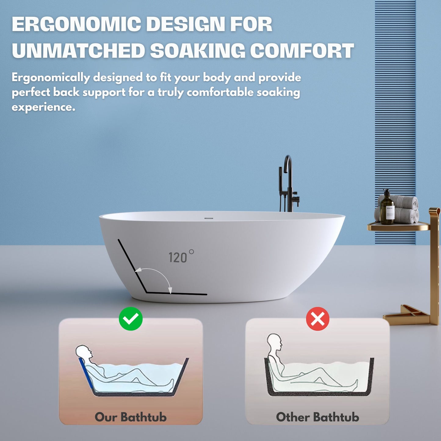 H2O Oval 59 in. x 30.7 in. Solid Surface Freestanding Soaking Bathtub with Center Drain in Matte White