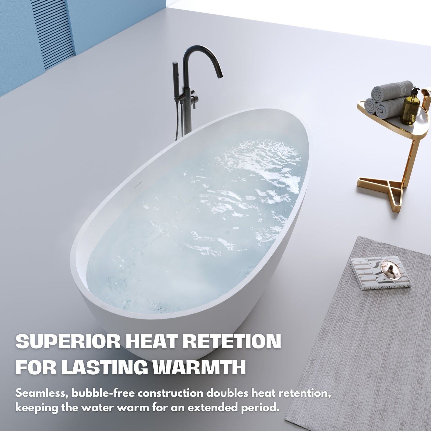 H2O Oval 59 in. x 30.7 in. Solid Surface Freestanding Soaking Bathtub with Center Drain in Matte White