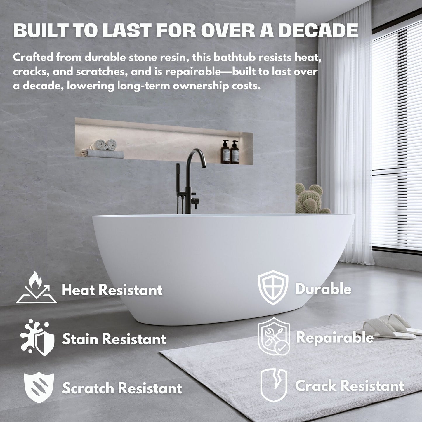 H2O Oval 59 in. x 30.7 in. Solid Surface Freestanding Soaking Bathtub with Center Drain in Matte White