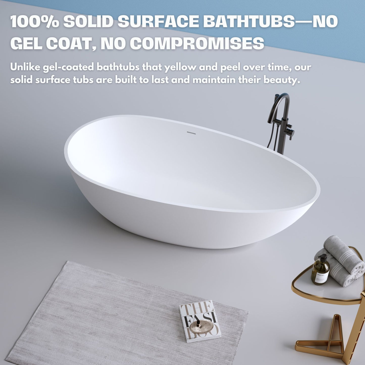 H2O Oval 59 in. x 30.7 in. Solid Surface Freestanding Soaking Bathtub with Center Drain in Matte White