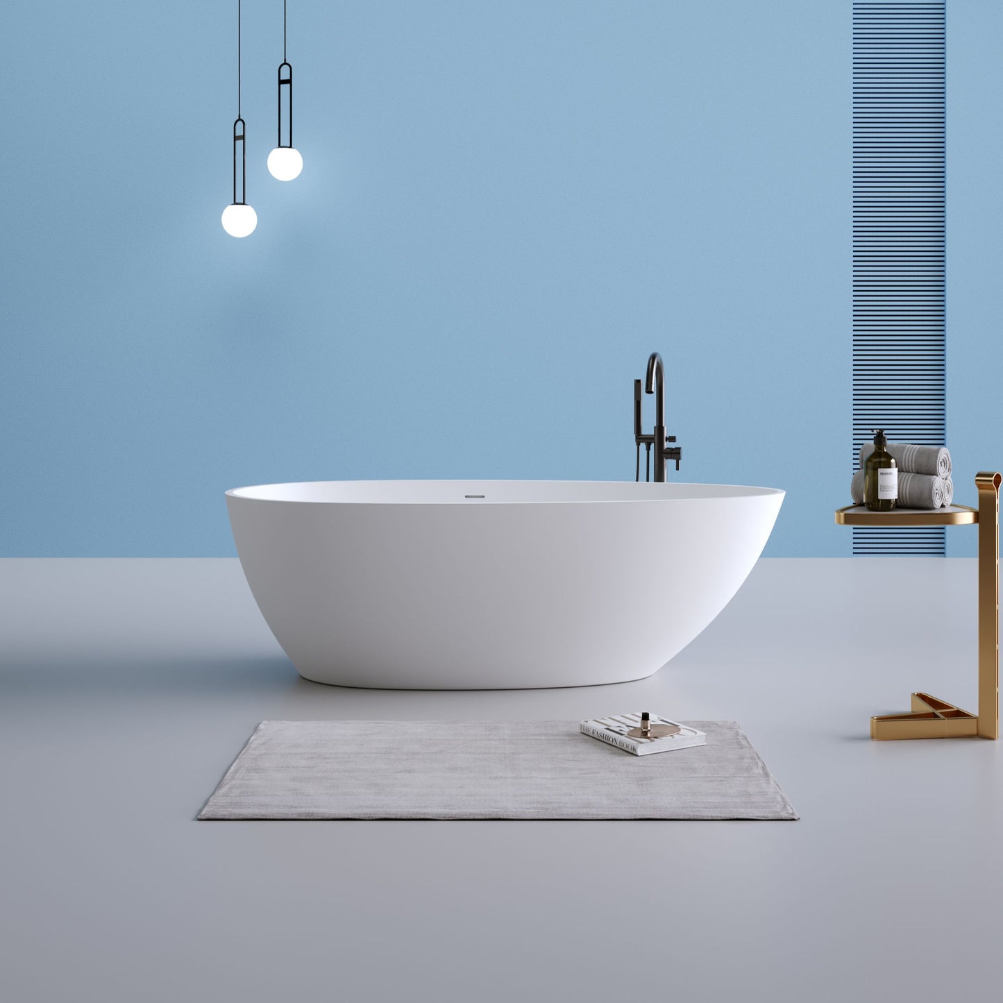 H2O Oval 59 in. x 30.7 in. Solid Surface Freestanding Soaking Bathtub with Center Drain in Matte White