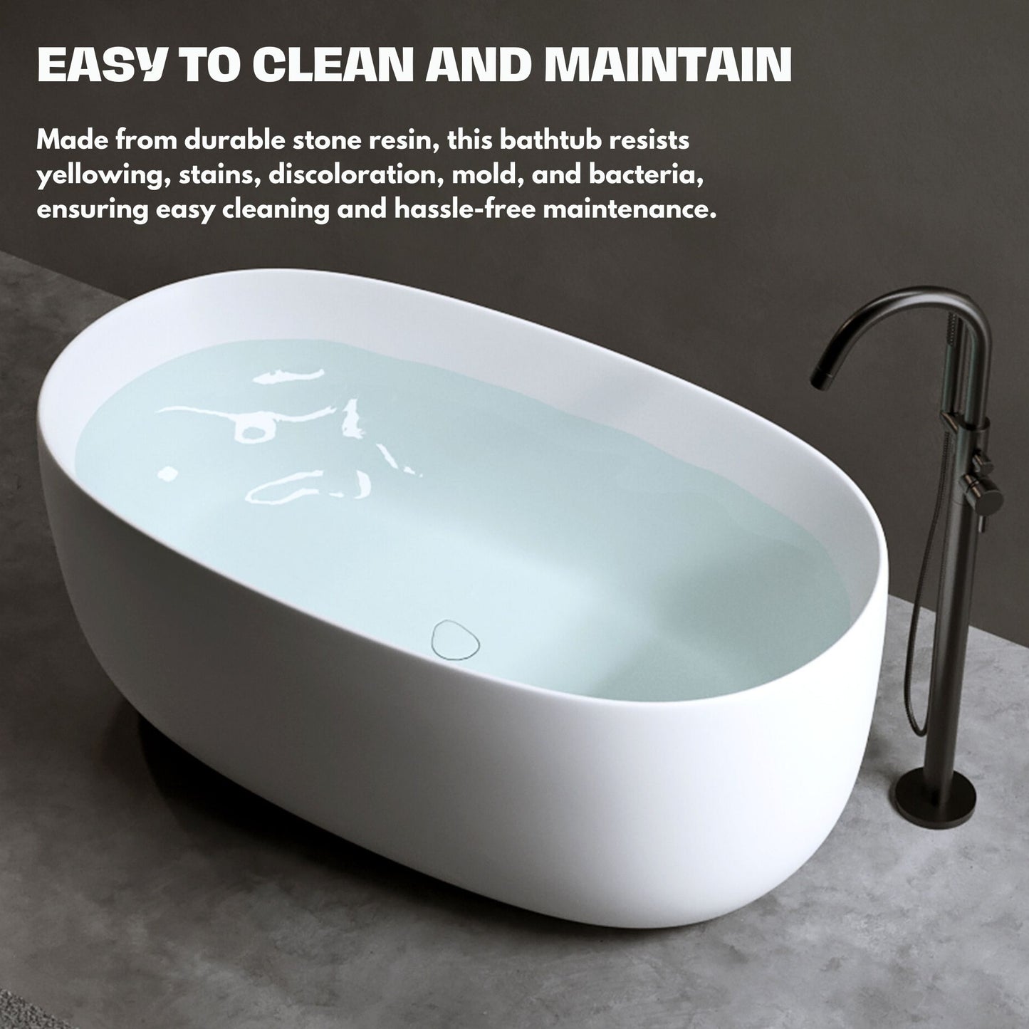 H2O Classic 47 in. x 25.6 in. Solid Surface Freestanding Soaking Bathtub with Center Drain in Matte White