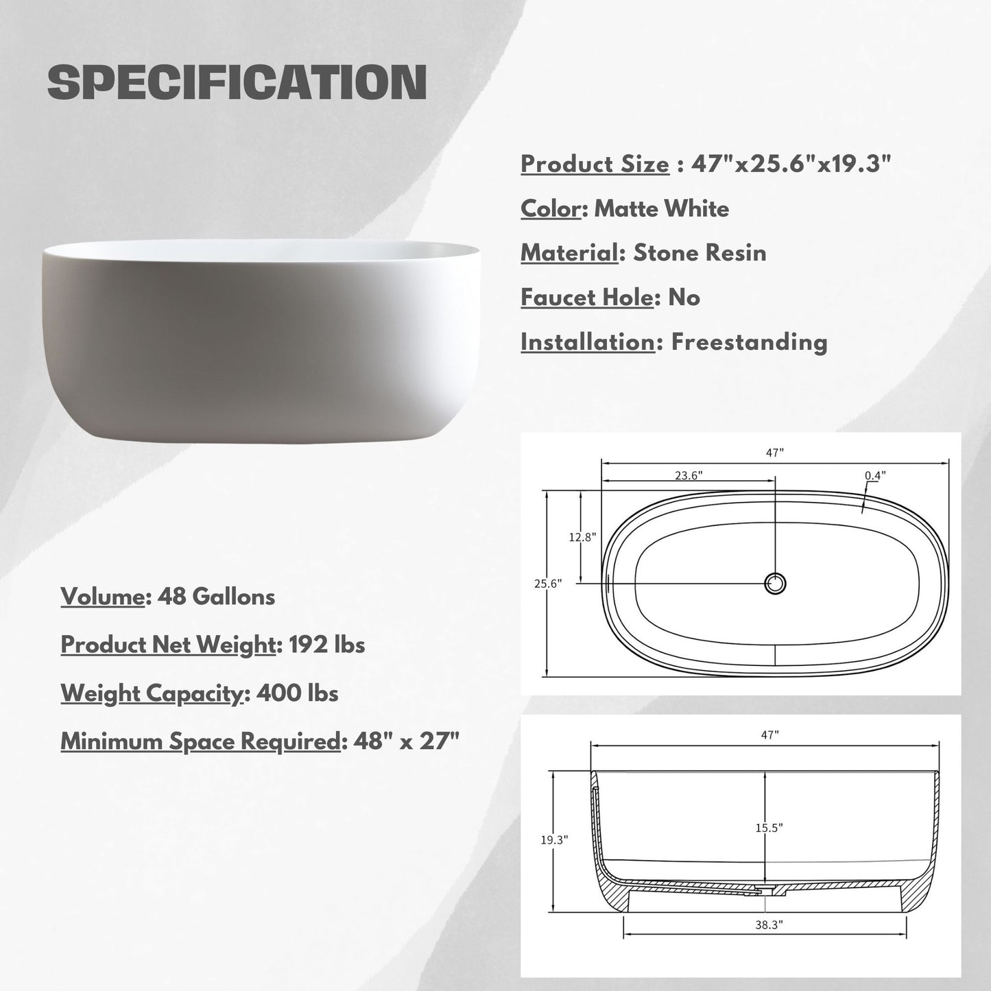 H2O Classic 47 in. x 25.6 in. Solid Surface Freestanding Soaking Bathtub with Center Drain in Matte White