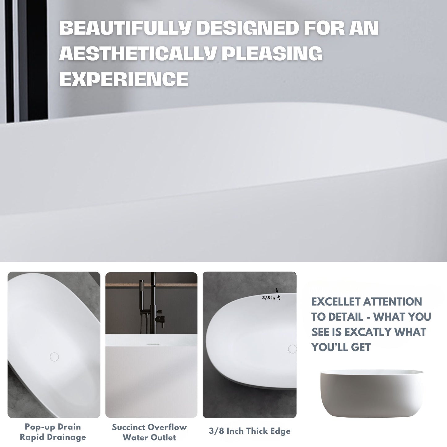 H2O Classic 51 in. x 25.6 in. Solid Surface Freestanding Soaking Bathtub with Center Drain in Matte White