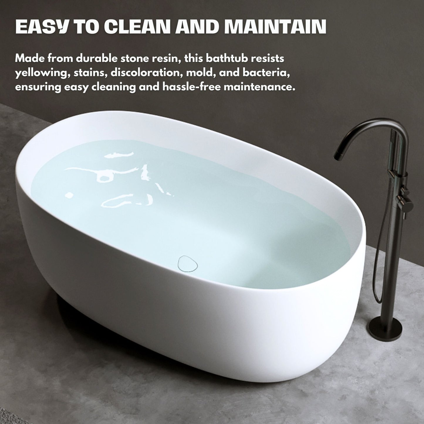 H2O Classic 51 in. x 25.6 in. Solid Surface Freestanding Soaking Bathtub with Center Drain in Matte White