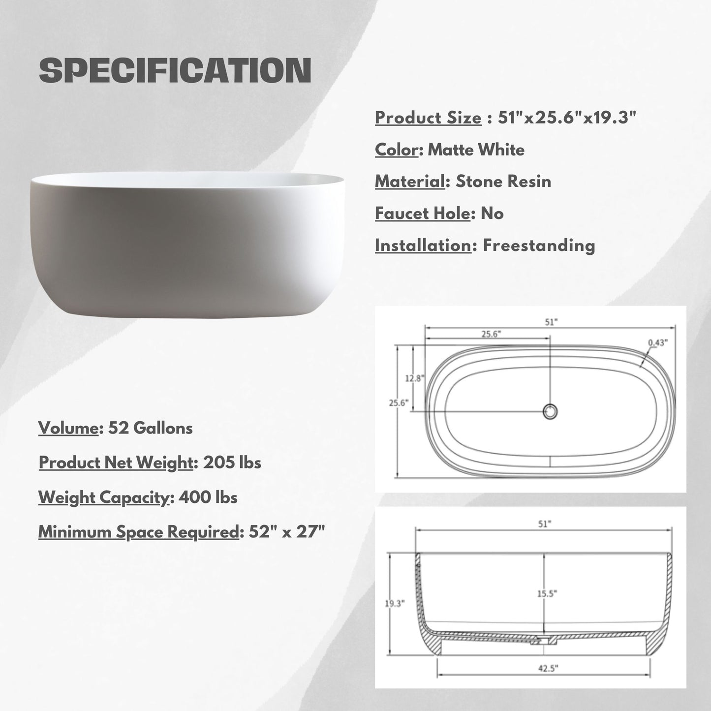 H2O Classic 51 in. x 25.6 in. Solid Surface Freestanding Soaking Bathtub with Center Drain in Matte White