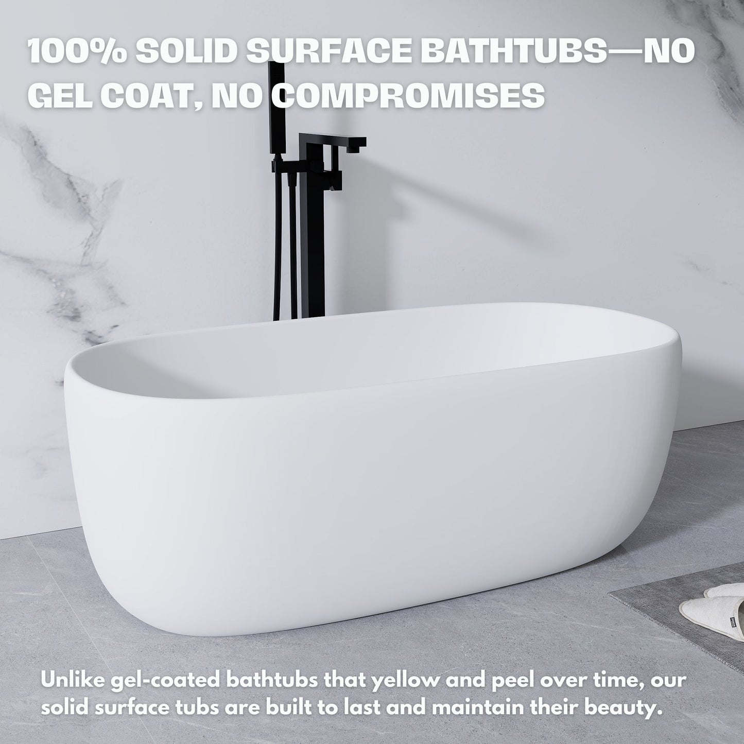 H2O Classic 51 in. x 25.6 in. Solid Surface Freestanding Soaking Bathtub with Center Drain in Matte White