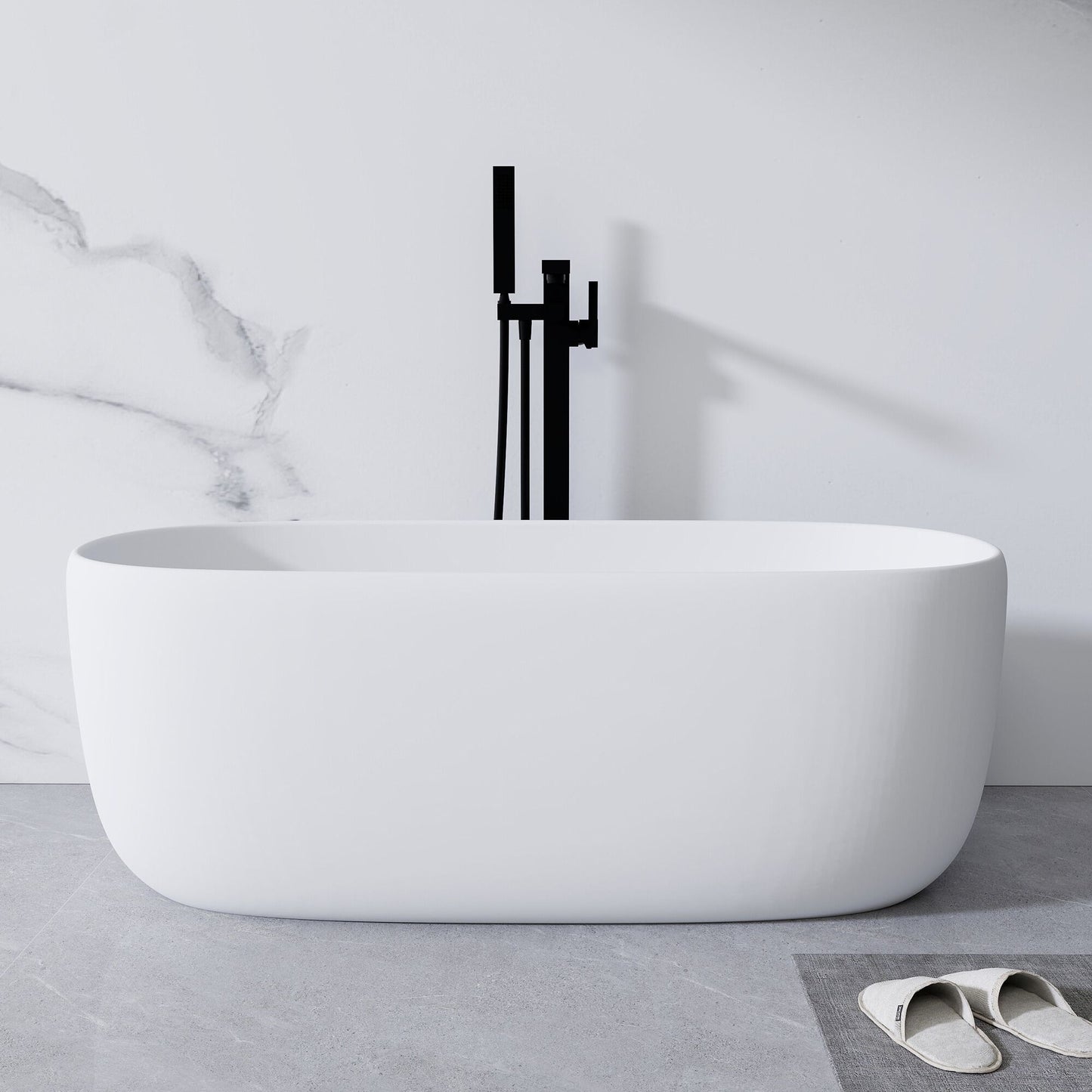 H2O Classic 51 in. x 25.6 in. Solid Surface Freestanding Soaking Bathtub with Center Drain in Matte White